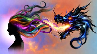 The primary subject of the image is a dragon, which is depicted in a colorful and vibrant manner. The dragon is surrounded by a colorful and swirling background, which adds to the overall atmosphere of the image. The visual style of the image is a combination of digital art and illustration, creating a unique and eye-catching scene. The colors and mood of the image are lively and energetic, with the dragon and its surroundings being the main focus of the image.